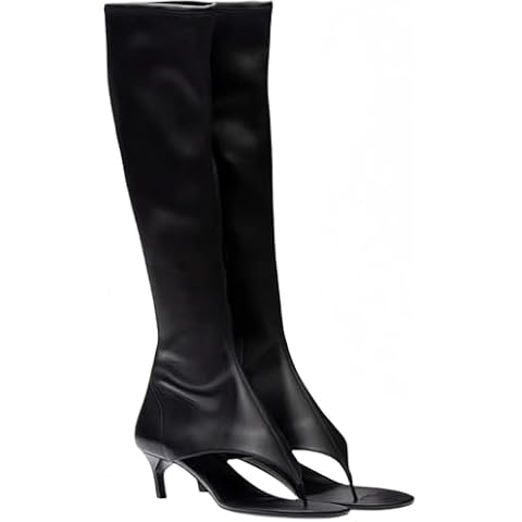 Macvise Womens Open Toe Thong Knee High Boots with Zipper Stretch Fabric and Kitten Low Heel Tall Sandal Boots black-36 Cover