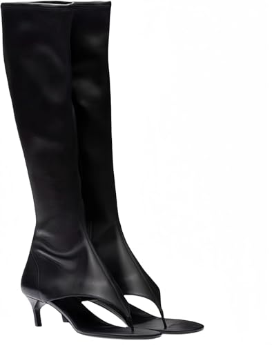 Womens Open Toe Thong Knee High Boots with Zipper Stretch Fabric and Kitten Low Heel Tall Sandal Boots