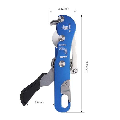 REISIO Climbing Stop Descender for 9-12mm,Self-Braking Self Locking Belay Device Rescue Equipment Hand Controls with Mountain Climbing Cave Rappelling Aerial Work Rescue Activities (Blue)