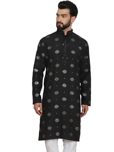 Sojanya (Since 1958 Men's Cotton Silk Sequinned Embroidered Black Long Kurta