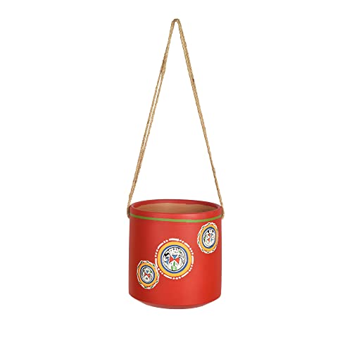 Image of AAKRITI ART CREATIONS Terracotta Hanging Planter | Red Rose Warli Art Design, Matte Finish | Decorative Hanging Pot for Indoor & Outdoor Home Decor