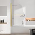 Bathtub Shower Glass Door, Frameless Hinged Tub Shower Glass Door 34"*58", Clear Tempered Glass Door 5/16"(8mm) Thick, Brushed Gold Finish with Stainless Steel Handle