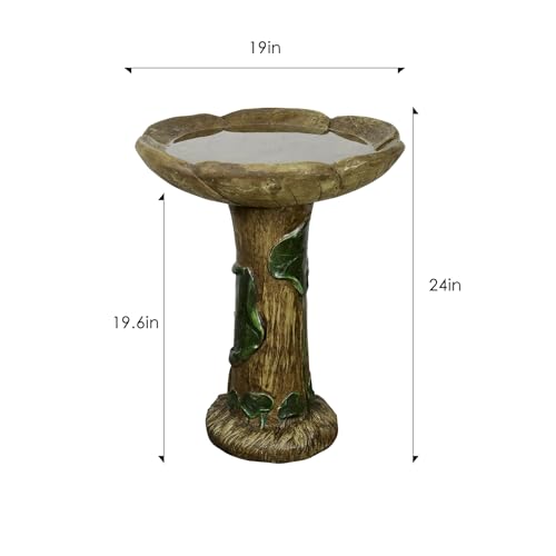Image of SunJet 24 inch High x 19 inch Diameter Outdoor Bird Bath with Tree Stump Leaf Design - Fibre Reinforced Concrete Birdbaths for Garden, Patio, Yard, Lawn Decor