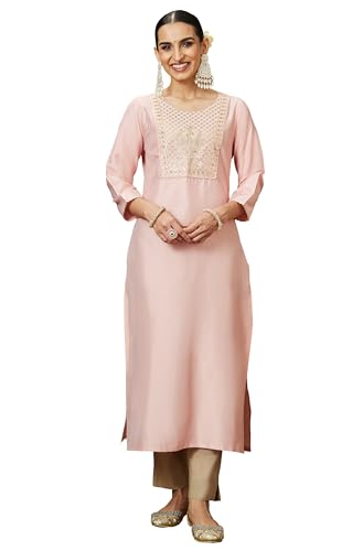 Image of Janasya Women's Light Pink Chanderi Silk Yoke Embroidered Straight Kurta