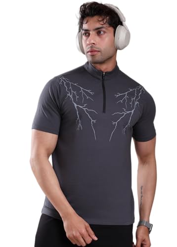 Image of GROW Stylish Gym T Shirts for Men Workout | Cotton and Spandex Quarter Zip Back Printed Collar T Shirts for Men Half Sleeves