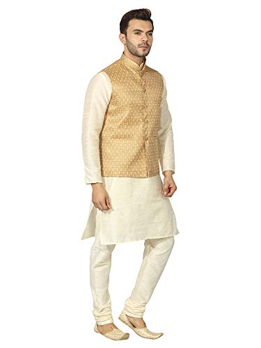 Image of Uri and MacKenzie Men's Silk Blend Regular Kurta Churidar Pyjama with Bundi Nehru Jacket /Waistcoat
