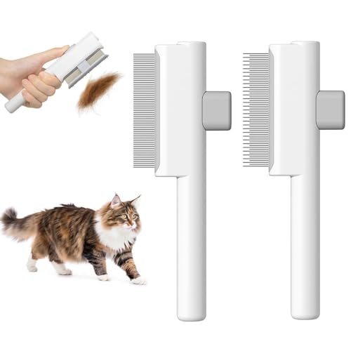Marchul 2Pcs Cat Comb Dog Combs Set Self-Cleaning Flea Comb for Cats and Dogs Cat Grooming Brush with Release Button and Stainless Steel Metal Round Teeth for Removing Matted & Loose Fur (White)