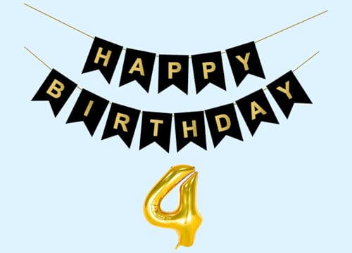 Image of Mystic Toy Store 4th Happy Birthday Decoration Kit Black for 4 year Old Boys Girls Baby Twins with Number FourParty Decorations Decor Celebration Items Item Set Combo Reusable Paper Banner