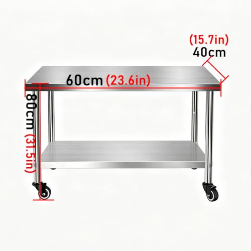 Mesa de acero inoxidable con ruedas de dos niveles 60x40cm para hostelería y cocina 8