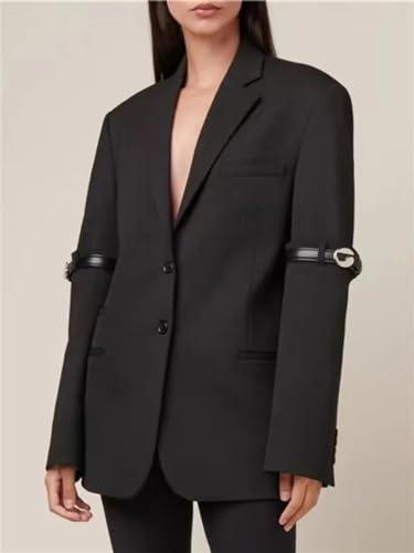 Women's Spring and Autumn PU Leather Button Spliced ​​Long Sleeve Two Button Blazer Top3