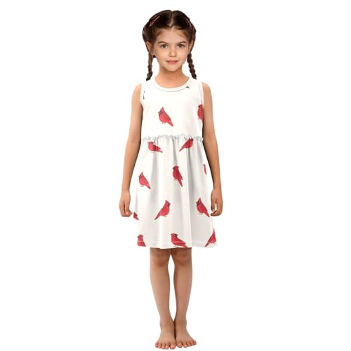 Cartoon Bird Red Cardinal Seamless Girls Casual Dress Cotton Summer Clothes for Kids 2T-8Y4