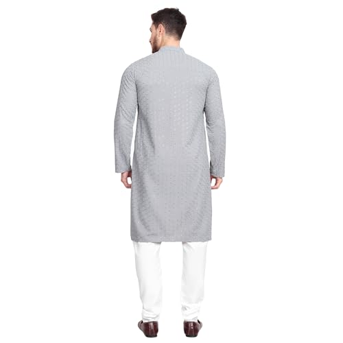 Image of Rayon Ethnic Wear Full Chikankari Sequin Embroidery Mirror Work Traditional Straight Kurta Pyjama Set for Men