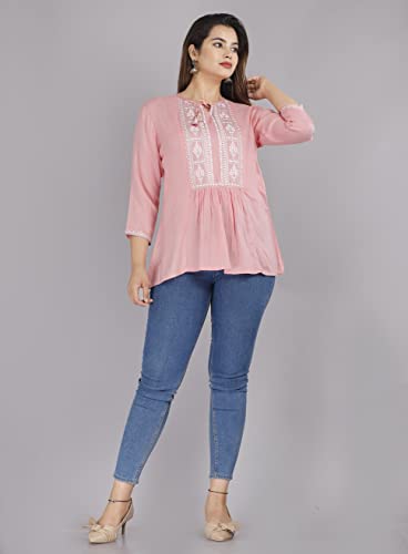 Image of Shiva Fab Short Kurti for Women | Embroidered Straight Rayon Kurta | Round Neck Full Sleeves Short Kurti for Women's