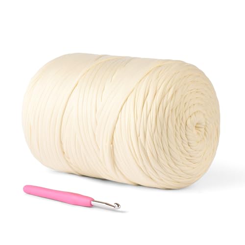 Image of (800g/228yds) T Shirt Yarn, Soft Tshirt Crochet Yarn for Crafts and DIY Knitting Crocheting Cloth/Bag/Basket/Coaster, 100% Polyeste Elastic Fabric Chunky Thick Yarn for Crocheting (Milky White)