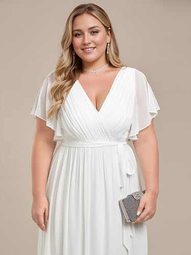 Image of Ever-Pretty Women's V Neck A Line Ruched Ruffles Sleeves Chiffon Floor Length Plus Size Bridal Dresses White US20