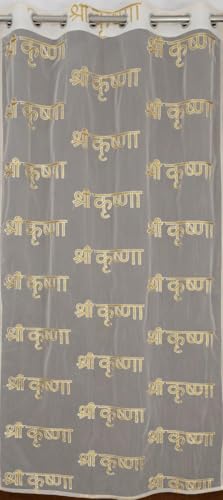Image of KALIYO Sheer Net Curtains with Shri Krishna Embroidery | Transparent Window Curtain for Living Room, Bedroom & Pooja Room | Ring Eyelet Curtain Panel | 1 Curtain | 8ft