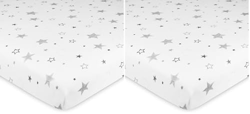Image of TL Care 100% Natural Cotton Fitted Pack and Play Sheet 39 inch x 27 inch - Soft & Breathable Pack N Play Sheet for Playpen, Playard & Mini Crib Mattress, Super Stars, for Boys & Girls (Pack of 2)