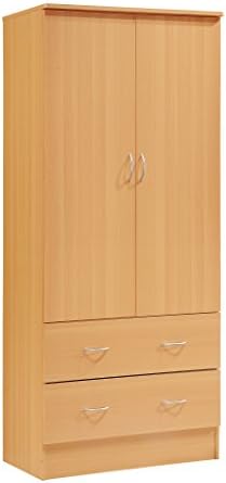 HODEDAH IMPORT Two Door Wardrobe, with Two Drawers, and Hanging Rod, Beech