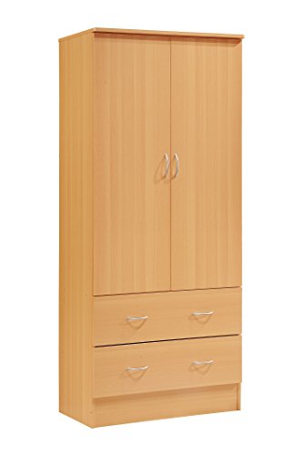 HODEDAH 2 Door Wood Wardrobe Bedroom Closet with Clothing Rod inside Cabinet and 2 Drawers for Storage, Beech