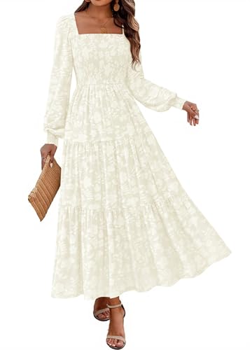 KIRUNDO Wedding Guest Dresses for Women Long Sleeve Smocked Floral Flowy A Line Boho Maxi Dress Fall Clothes(Cream, Large)