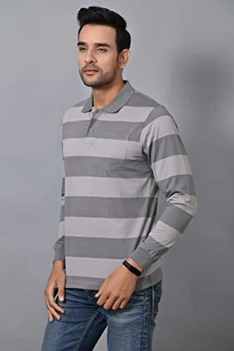 Image of ARBOUR Men Polo Neck Stripes Pocket Full Sleeves T-Shirt