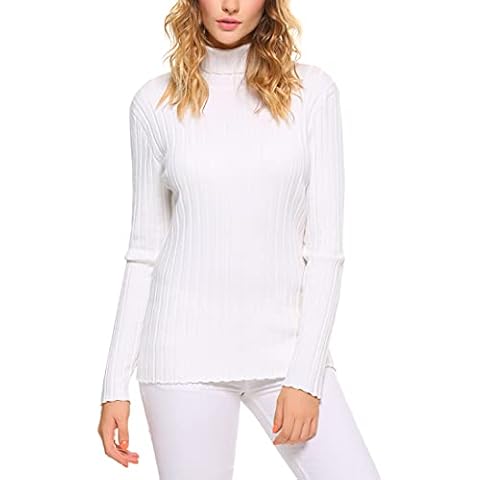 Aottori Women Turtle Neck Jumpers Long Sleeve Casual Cable Knit Sweater Ladies Classic Stretch Winter Warm Polo Roll Neck Pullover Jumper Tops White L Cover