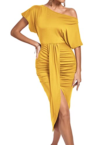 Image of LYANER Women's One Off The Shoulder Ruched Wrap Front Split Hem Draped Party Midi Dress