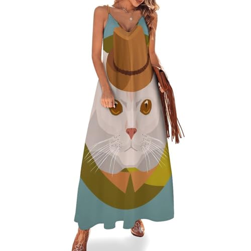 Robe Longue Chat Mignon pour Femme - Coupe Maxi sans Manches Idéale pour l'Été