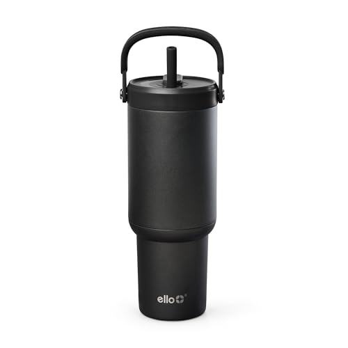Image of Ello Oasis Go+ 26oz Tumbler with Top Handle and Retracting Straw | Reusable Insulated Stainless Steel Cup, 100% Leakproof Water Bottle, 24 Hours Cold, Cup Holder Friendly For Travel | Black