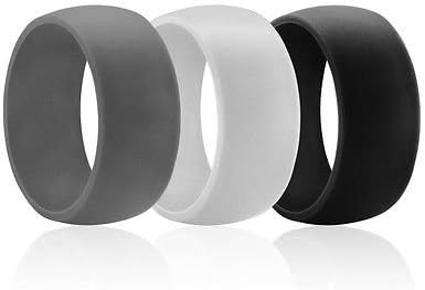 Silicone Wedding Rings - 3 Ring Pack Men's Silicone Wedding Ring Wedding Band - Black, Light Gray and White - For Active Lifestyle, Active Men, Athletes