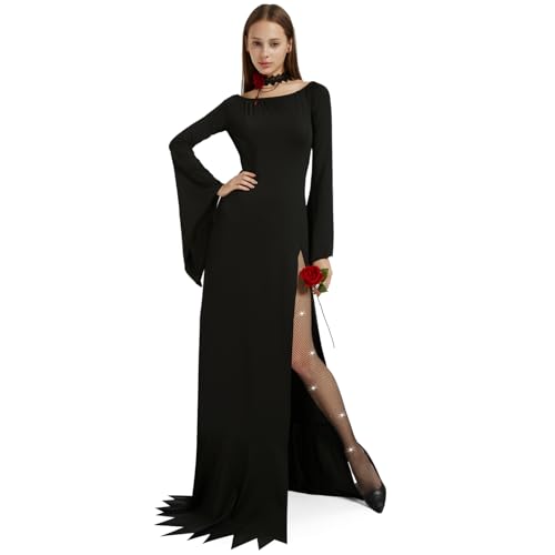 HERMORRYSS Morticia Addams Disfraz, con Medias de Malla Diamante Blanco, Collar, Rosa, Vestido Morticia Addams Mujer, Vestido Negro con Hombro Descubierto, Cosplay Halloween Carnaval Fiesta (M)