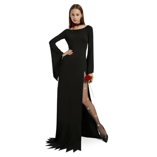 HERMORRYSS Morticia Addams Disfraz, con Medias de Malla Diamante Blanco, Collar, Rosa, Vestido Morticia Addams Mujer, Vestido Negro con Hombro Descubierto, Cosplay Halloween Carnaval Fiesta (M)