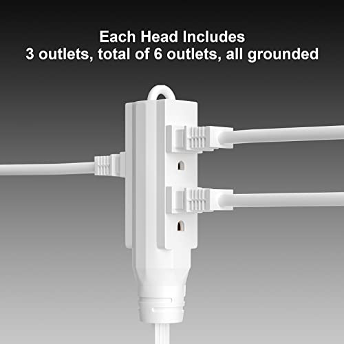 Twin Extension Cord Power Strip, 12 Ft Double Extension Cord Splitter(6 Ft Each Side), Flat Head (Wall Hugger) Outlet Plug, 3 Prong Plug, 6 Polarized Outlets, 16 Awg, Pvc Wire Insulation (White) #TOP3