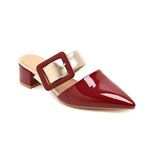 OOLG Block Heels Mules for Womens Pumps Pointed Toe Retro Buckle Strap Slip On Backless Slide Sandal Clog Shoes Red
