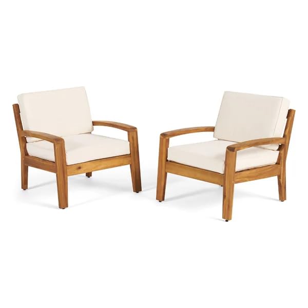 Image of SUNCOM Wooden Armchair for Livingroom Set of 2 - Single Seater Sofa Chair with Cushion - Chair Set for Dining Table - Handmade Wooden Accent Chairs (Cream Cushion, Teak Finish)