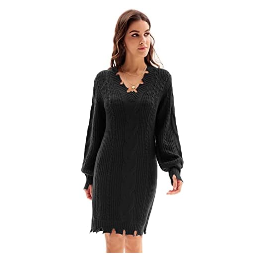 GRACE KARIN Dam långärmad stickad klänning V-ringad vinter tröjklänning elegant miniklänning cocktailklänningar, svart, XL