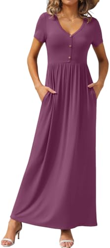 Image of GRECERELLE Womens Summer Long Maxi Dresses 2026 Short Sleeve V Neck Casual Button Dress with Pockets