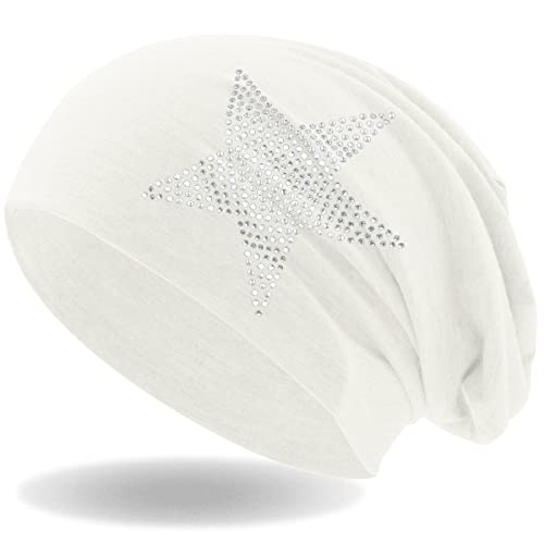 Hatstar Strass Stern Damen Beanie Mütze | elastisches Slouch Long Beanie | Mädchen Mütze | mit edler Strass Applikation | leicht und weich (Weiss)