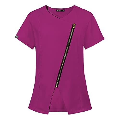 niaahinn Scrubs Top V-Neck with Zipper for Women Originals Women's Mecical Uniform Top (Hot Pink,L,Large)
