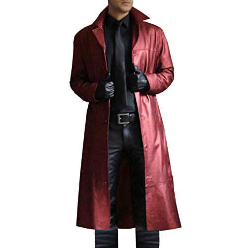 Mens Retro Leather Jacket Long Steampunk Overcoat Long Sleeve Open Front Cardigan Jacket Vintage Trench Coat