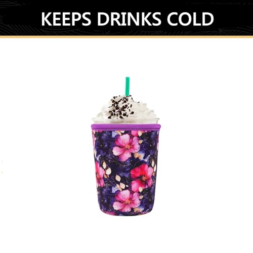Image of YR Reusable Neoprene Insulator Sleeve for Iced Coffee Cups, 3 Pack Coffee Coolies sleeves for Iced & Hot Drinks, Cold Beverage Cooler Compatible with Starbucks Coffee and More (Fuchsia Floral)