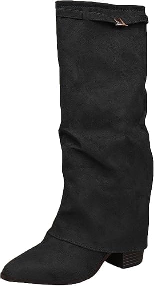 Women Suede Fold Over Boots Knee Length Boot High Block Heel Shoe Zipper Pointed Toe Dress Fall Winter