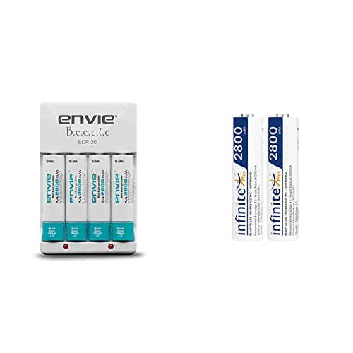 Image of ENVIE (ECR20+AA2800 4PL) Charger for AA & AAA Rechargeable Batteries & Infinite Plus AA High Capacity (2800mAh) Ni-MH Rechargeable Ready to Use Battery Pack of 2