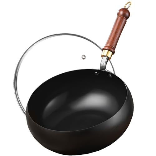 UMETRE Carbon Steel Wok Pan, 8.7 INCH Nonstick Pre-Seasoned Woks & Stir-Fry Pans with Lid, No Chemical Coating Wok Flat Bottom Small Handmade Chinese Wok for Induction, Gas, Electric & All Stoves