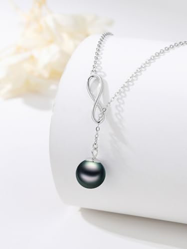 Tahitian Black Pearl AAAA 18K White Gold Plated Sterling Silver Y Necklace for Anniversary Birthday Christmas Jewelry Gift for Women Wife Mom Girlfriend Her4