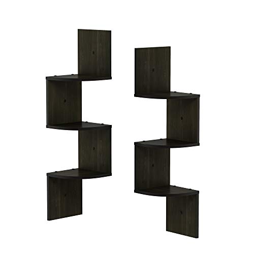 Image of Furinno Rossi Set of 2 3-Tier Corner Floating Shelves for Wall, Espresso | Zigzag Wall Shelf, Radial Mounted Floating Book Shelf, for Bathroom, Bedroom, Living Room