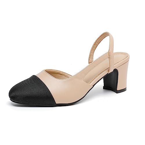MEMON Closed Toe Heels for Women,Slingback Heels for Women,Nude Chunky Heels Round Toe Wedding Shoes for Women,Casual Splicing Dress Shoes