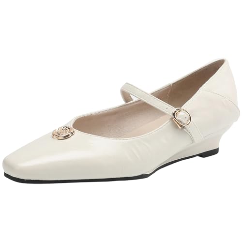 Women's Wedge Heel Loafers Comfort Heeled Dress Shoes with Single Buckle Closure and Square Toe