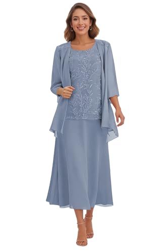 Dusty Blue Grandmother of The Bride Dresses with Jackets 3/4 Sleeve Formal Dress for Women Plus Size 3 Pieces A Line Mother of The Groom Dresses Tea Length US24 Plus