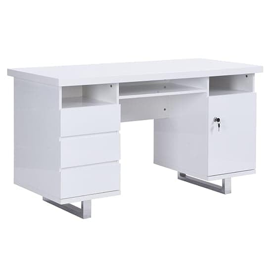 Image of Lakdi The Furniture Home and Office Modern High Gloss Computer Desk with Lockable Drawers and Storage, Writing Desk with Metal Leg and Integrated Open Shelves for White- 121534258
